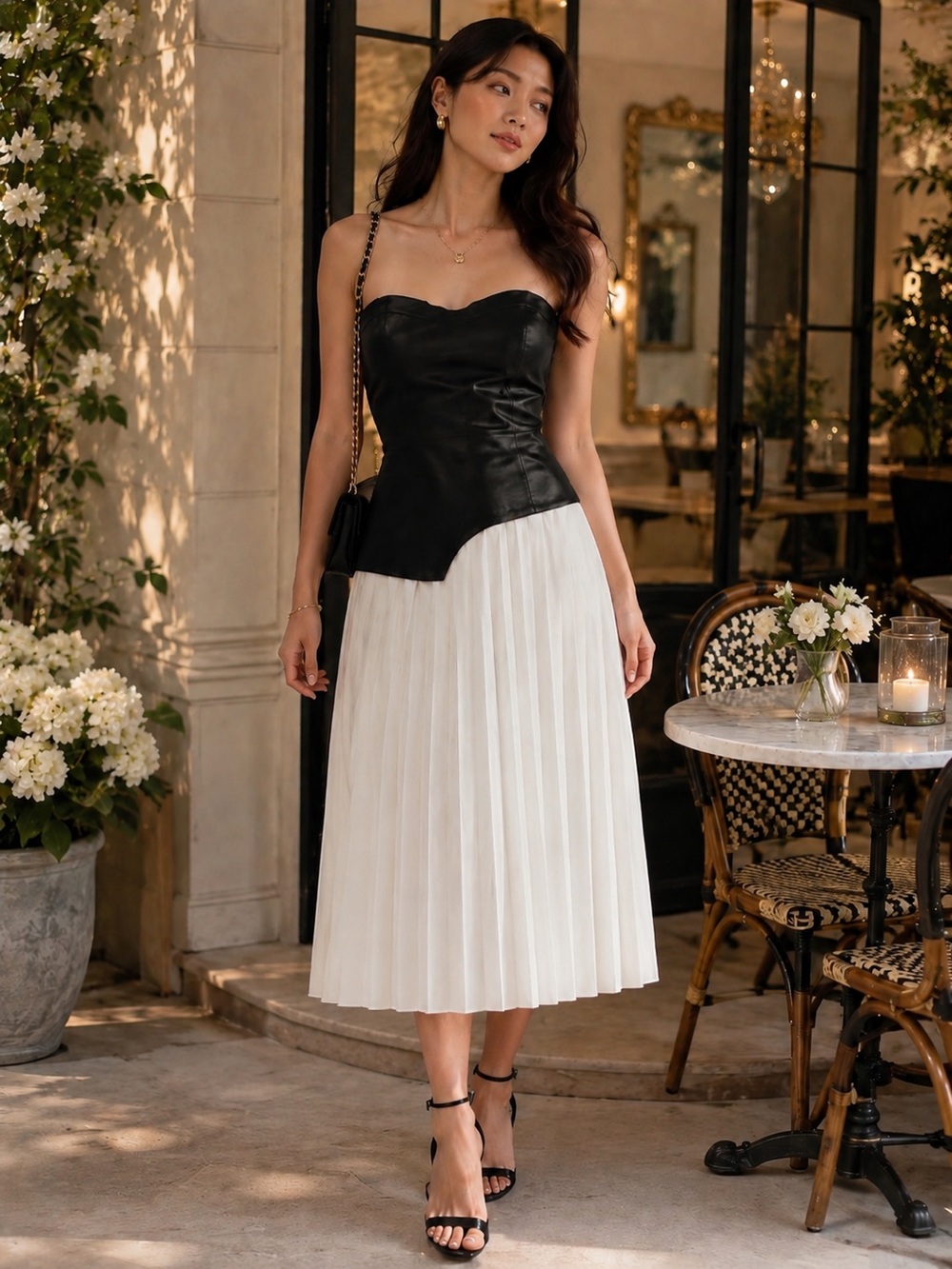 Asymmetrical Faux Leather with White Pleated Maxi Skirt